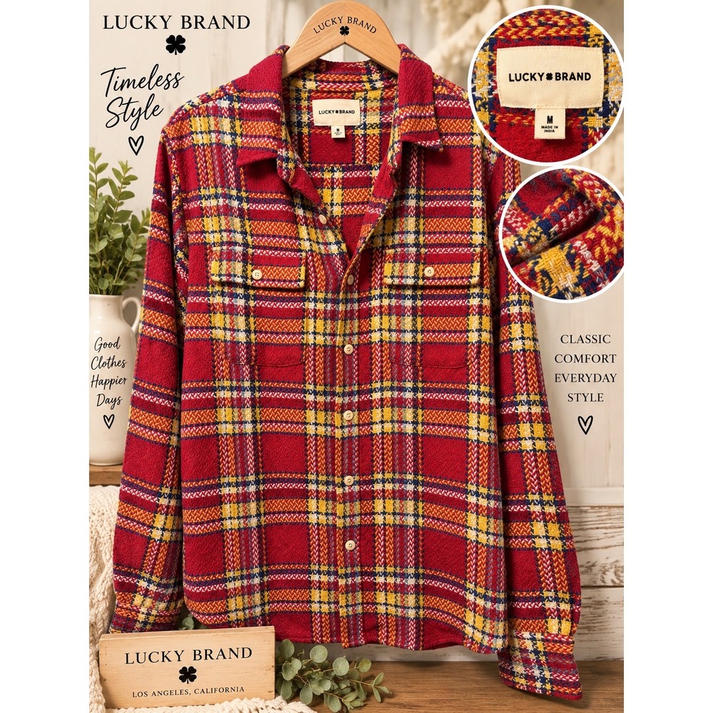 Lucky Brand Mens Medium Red Yellow Plaid Textured Cotton Button Down Shirt